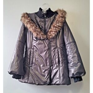 Allabee Women's Medium Black Puffer‎ Winter Coat Faux Fur Trim Hooded Jacket